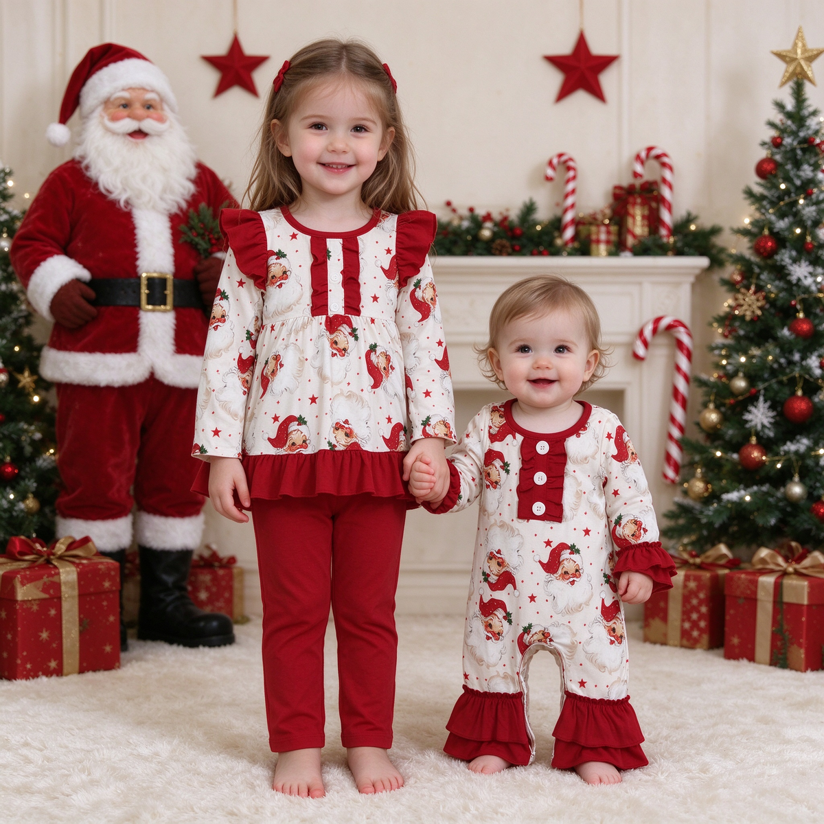 Baby Girls Christmas Santa Stars Collection - Red Ruffle Peplum Set & Button Romper