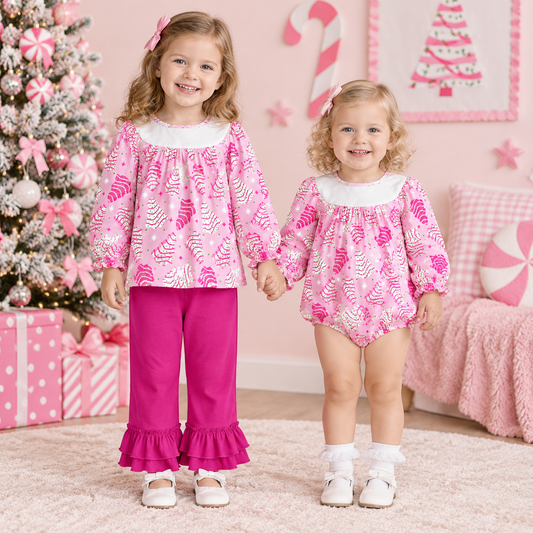 RTS NO MOQ Sibling milk silk Baby Girls Pink Christmas Tree Cake Print Long Sleeve Top And Ruffle Pant Set Romper