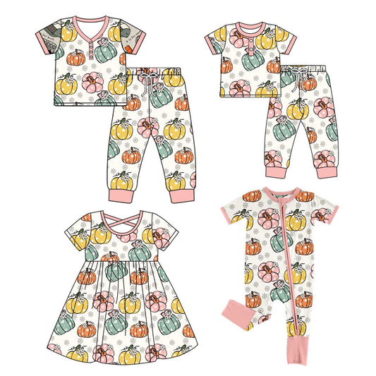 4.26 custom each style moq 5eta 4-6week Sibling Sister pumpkin short sleeve pants sets and adult sets and dress and romper match design