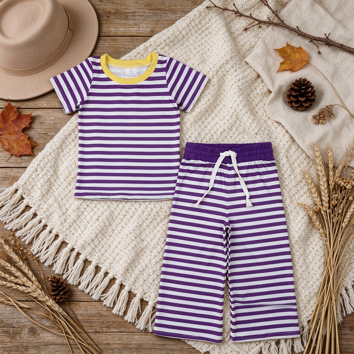 NEW RTS NO MOQ milk silk GSPO2386 Baby Girls Short Sleeve Purple Stripe Top Straight Pant Pajamas Set