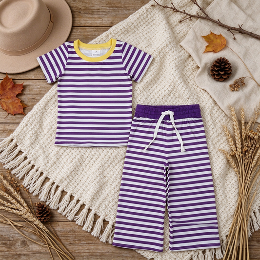 NEW RTS NO MOQ milk silk GSPO2386 Baby Girls Short Sleeve Purple Stripe Top Straight Pant Pajamas Set