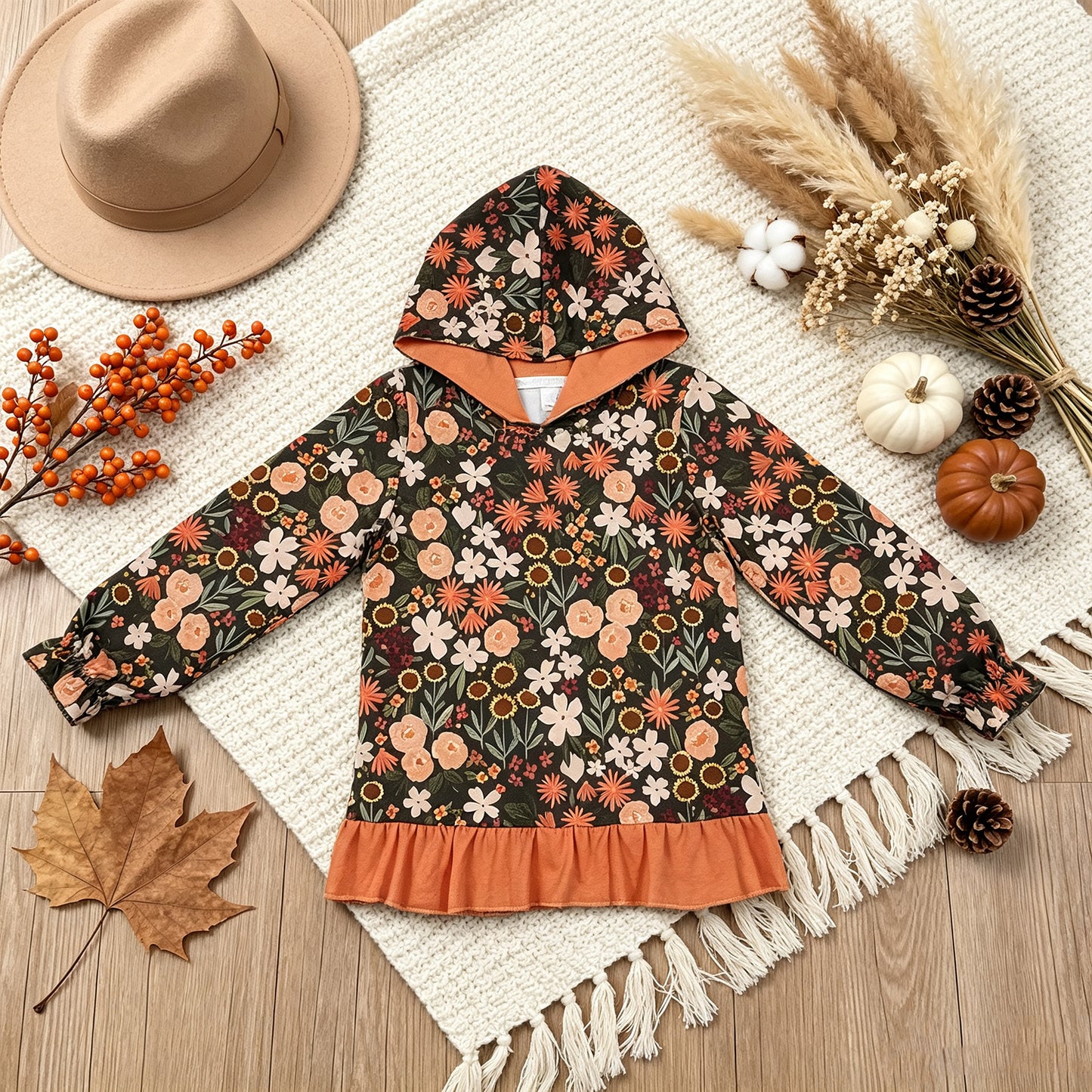 NEW RTS NO MOQ milk silk GT1644 Baby Girls Flower Print Ruffle Cuff Hooded Sweatshirt Casual Top
