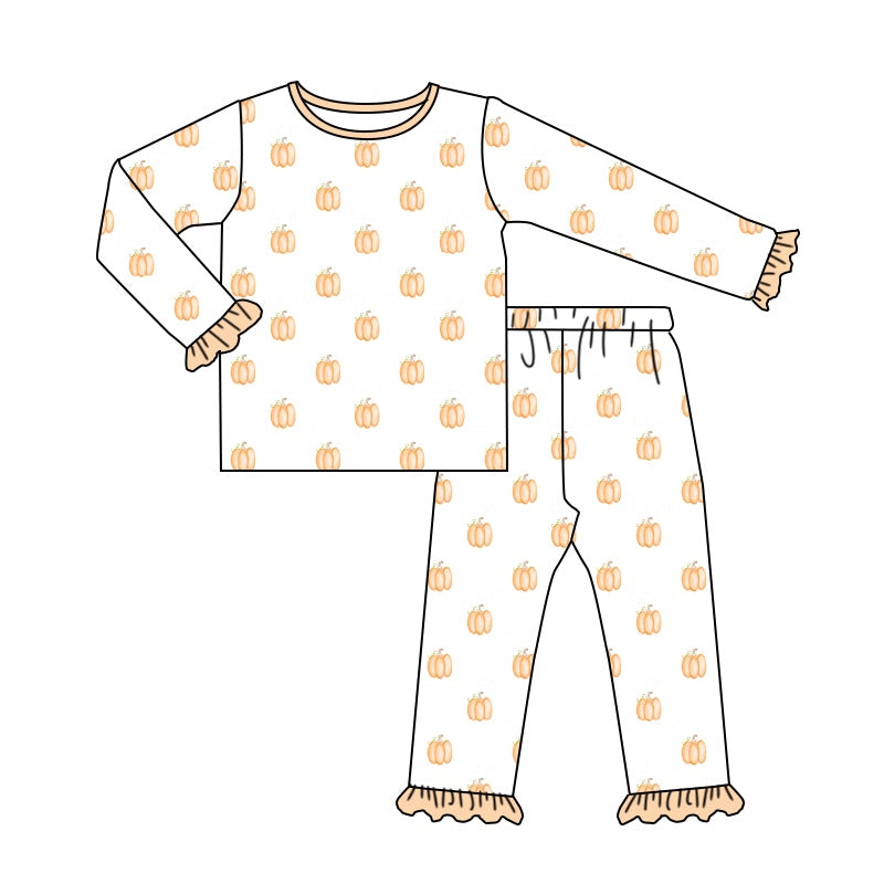 5.20custom each style moq 5eta 4-5week Sibling Sister pumpkin prints orange girls outfits and baby romper match family design
