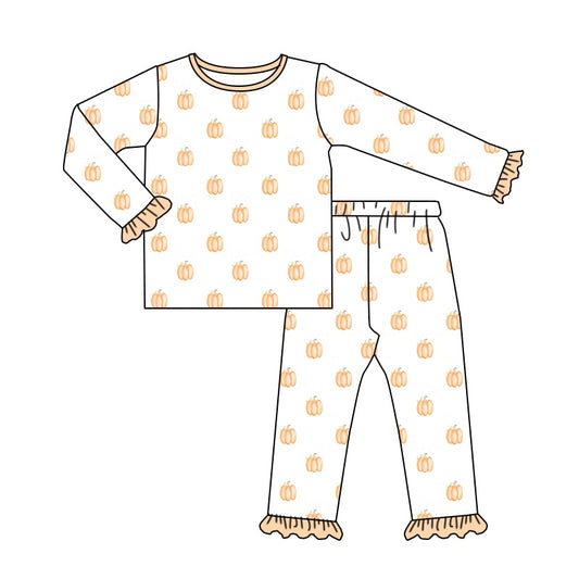 5.20custom each style moq 5eta 4-5week Sibling Sister pumpkin prints orange girls outfits and baby romper match family design