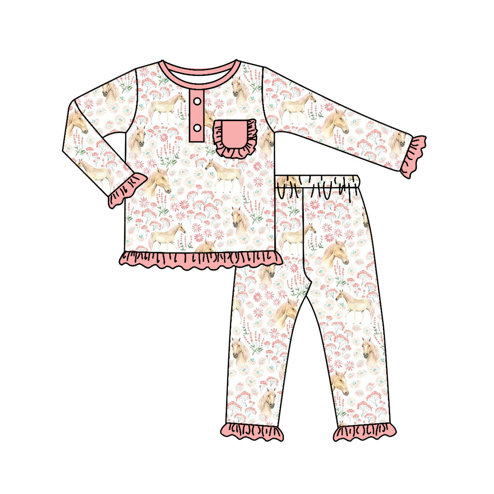 5.21custom each style moq 5eta 4-5week Sibling Sister Horse flower print white and pink lace girls set and dress and baby romper match family design