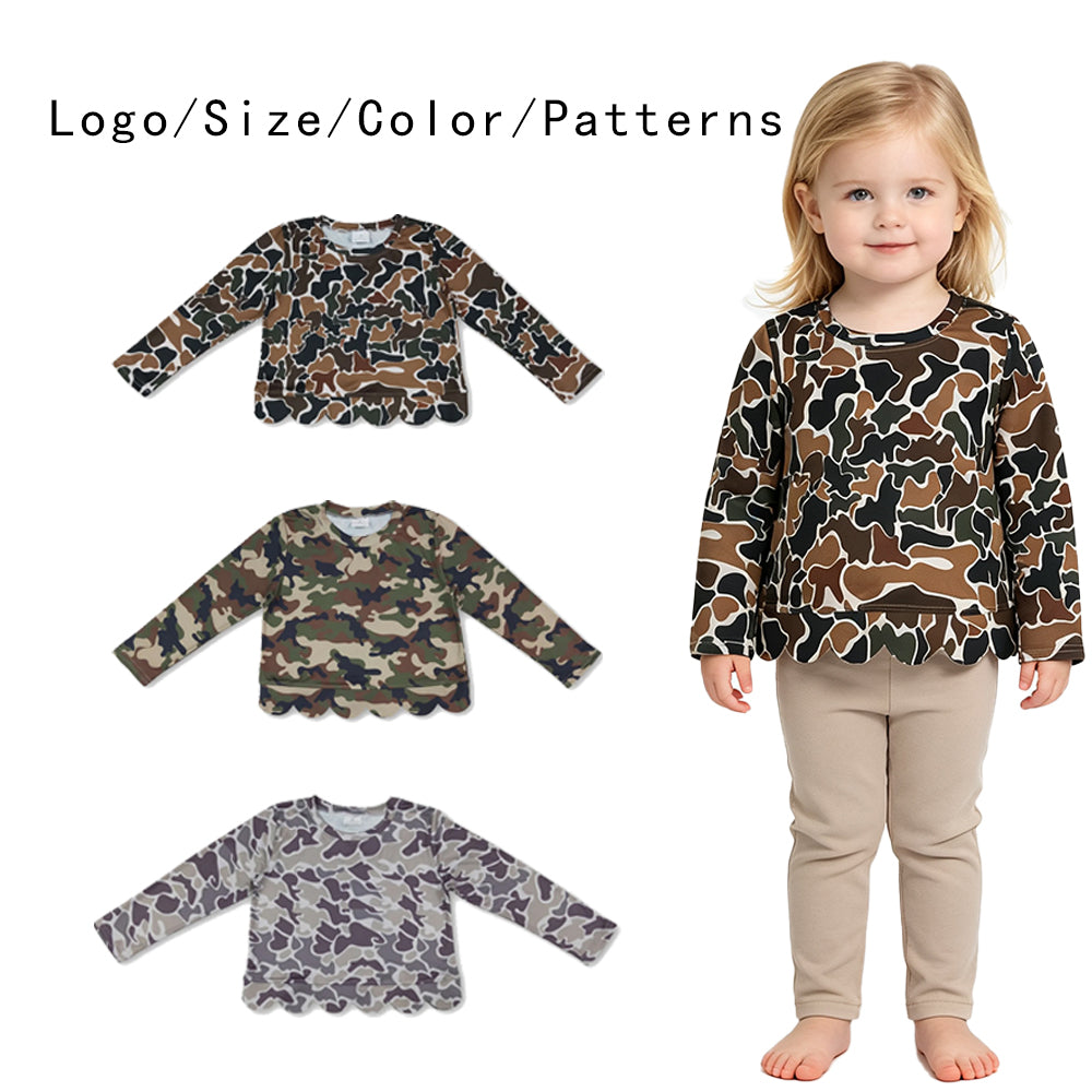 RTS NO MOQ Sibling milk silk Baby Girls Camo Print Scalloped Hem Long Sleeve Top