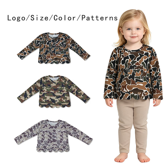 RTS NO MOQ Sibling milk silk Baby Girls Camo Print Scalloped Hem Long Sleeve Top