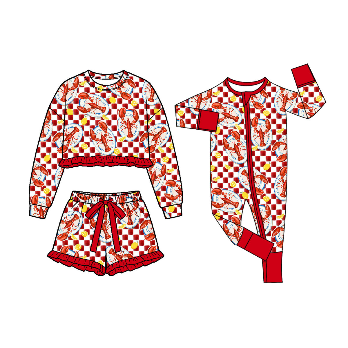(Preorder new) No moq Baby Girls Red Checkered Crawfish Lemon Print Girls Ruffle Pajama Set Baby Zipper Romper