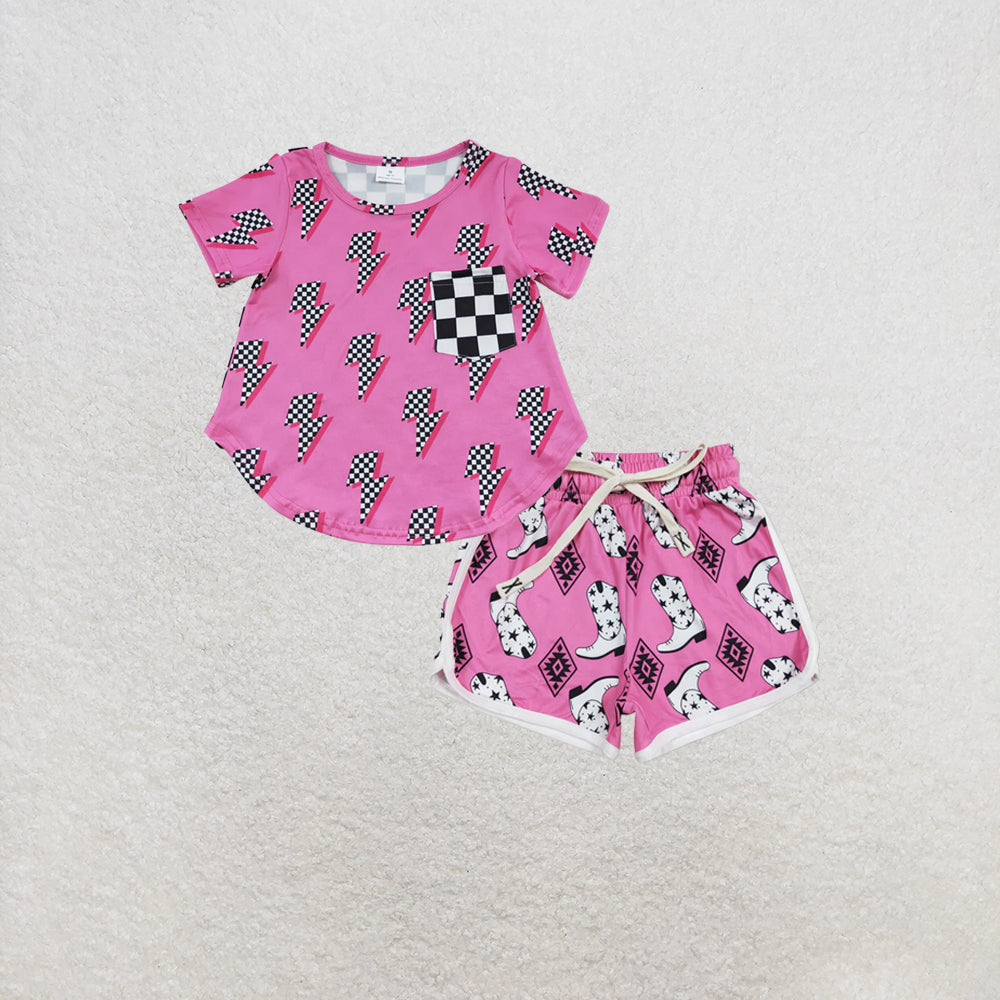 RTS NO MOQ GT0227+SS0126 Baby Girls Hotpink Western Short Sleeve Tee Shirts Tops