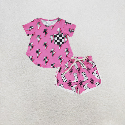 RTS NO MOQ GT0227+SS0126 Baby Girls Hotpink Western Short Sleeve Tee Shirts Tops