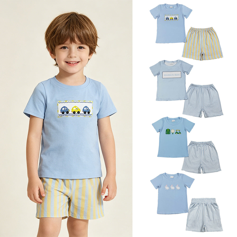 RTS NO MOQ Sibling Baby Boys Embroidery Shirts And Shorts Set Striped Top Outfit for Little Ones