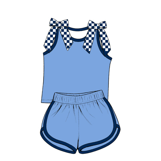 custom moq 5 mix size Baby Girls Light Blue Checked Bow Sleeveless Top Shorts Summer Casual Outfit Set