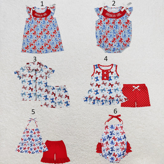 RTS NO MOQ Sibling milk silk Baby Girls 4th Of July Bows Tunic And Shorts Clothes Set Rompers Dress