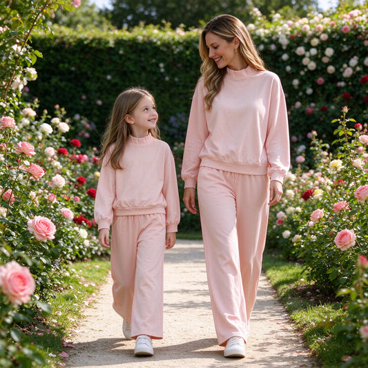 RTS NO MOQ Sibling cotton Adult To Match Kids High Neck Light Pink Mock Neck Long Sleeve Top Wide Leg Pants Set