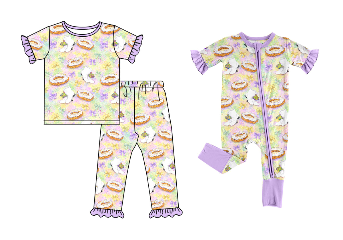 (Preorder new) No moq Baby Girls Cake Bow Print Ruffle Short Sleeve Pajama Set Two‑Way Zip Ruffle Romper Holiday Sleepwear Outfit