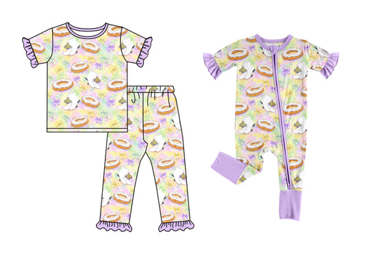 (Preorder new) No moq Baby Girls Cake Bow Print Ruffle Short Sleeve Pajama Set Two‑Way Zip Ruffle Romper Holiday Sleepwear Outfit