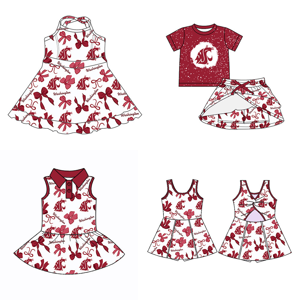 Custom moq 5 mix sizes summer teams baby girls clothes team brick red short sleeve skirts shorts sets dress 1 and dress 2 and dress 3 and dress 4-25.5.26
