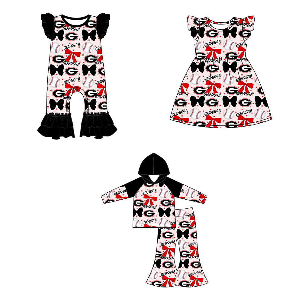 Custom moq 5 each style summer teams baby girls clothes team bow black and red long sleeve hooded pants sets and dress and romper-25.6.13