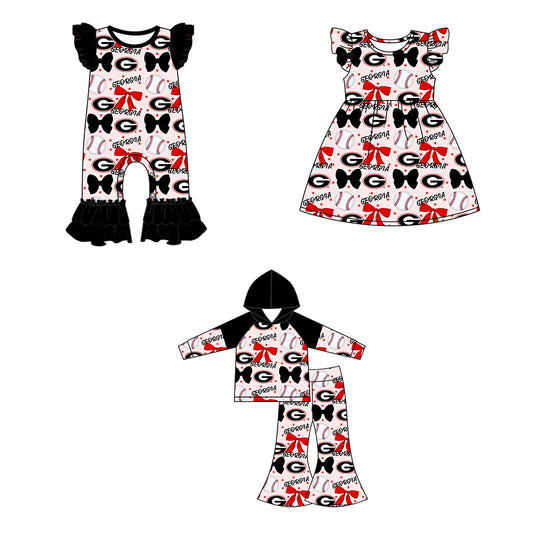 Custom moq 5 each style summer teams baby girls clothes team bow black and red long sleeve hooded pants sets and dress and romper-25.6.13