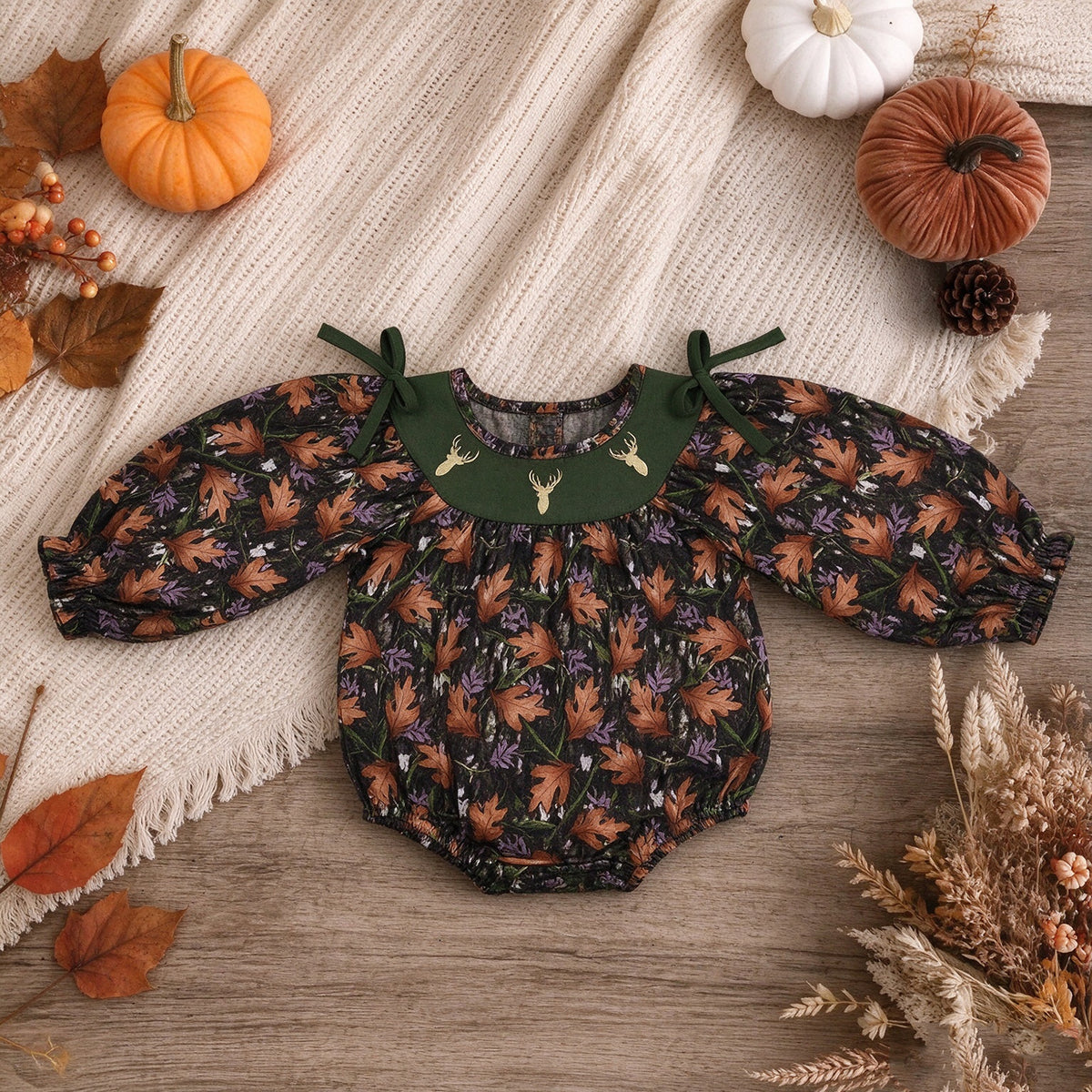 NEW RTS NO MOQ milk silk LR2728 Embroidery Baby Girls Green Leaf Camo Cute Long Sleeve Rompers