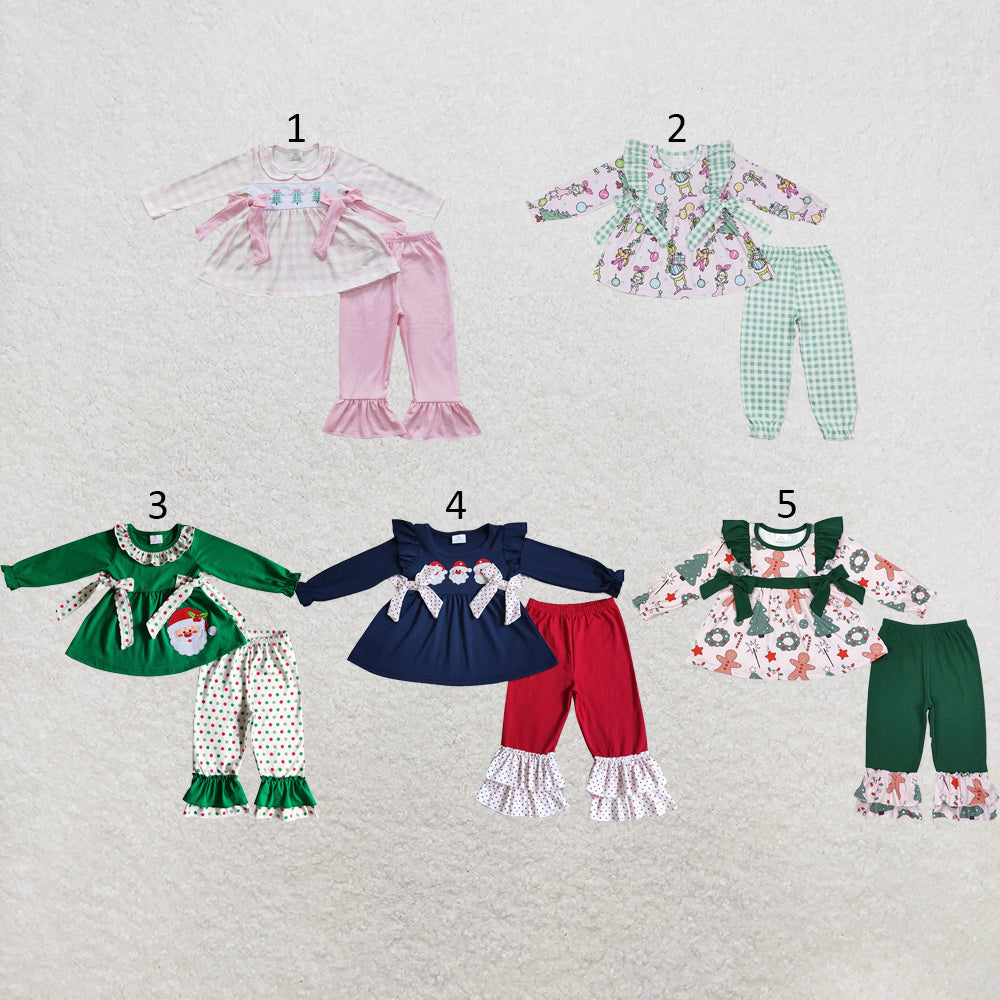 RTS NO MOQ Sibling milk silk Baby Girls Christmas Gingerbread Bow Print Long Sleeve Tunic Top And Ruffle Pants Set