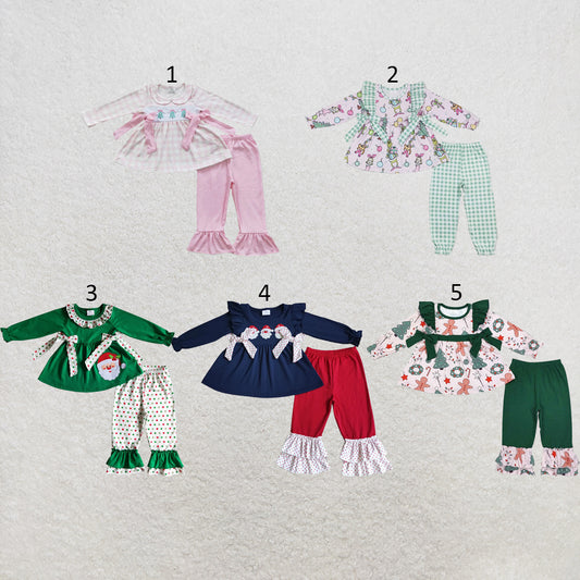 RTS NO MOQ Sibling milk silk Baby Girls Christmas Gingerbread Bow Print Long Sleeve Tunic Top And Ruffle Pants Set
