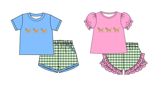 3.3 Custom moq 5 mix size Sibling Baby Boys' Blue Short-Sleeved Shirt And Green Plaid Shorts Set Baby Girls' Pink Short-Sleeved Shirt And Green Plaid Shorts Set