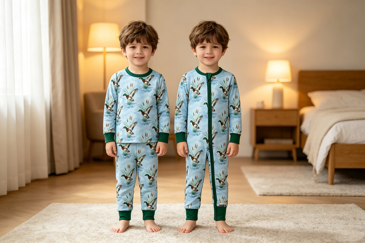(Preorder new) No moq Baby Boys Ducks Plaid Long Sleeve Matching Pajamas Set Romper Blankets