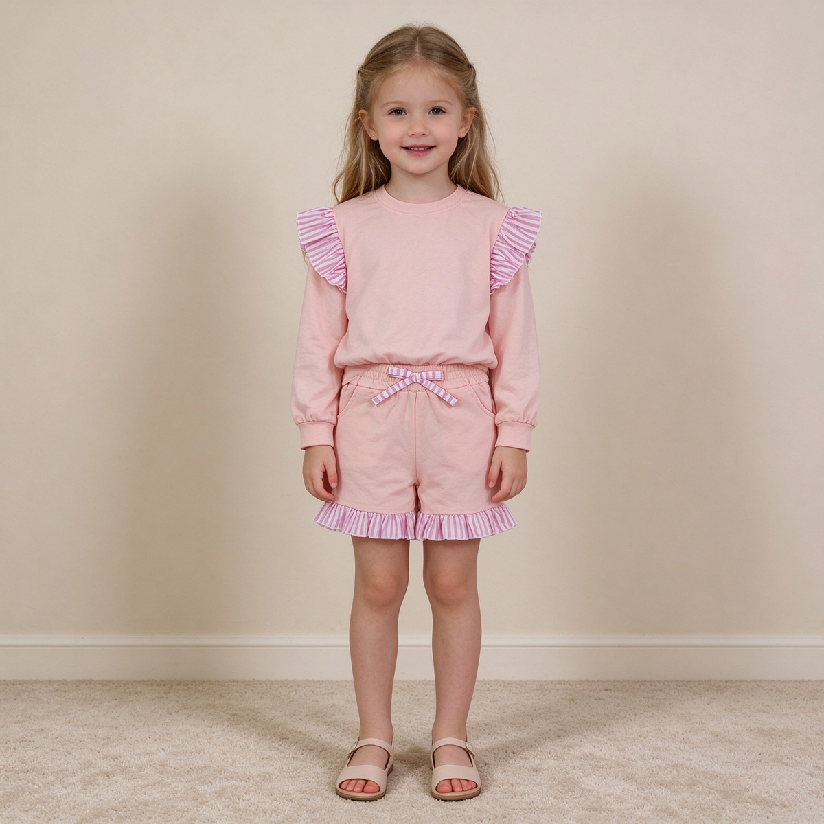 NEW RTS NO MOQ milk silk GLS0222（GT1849+SS0996）Baby Girls Light Pink Stripe Flutter Sleeve Top Pockets Ruffle Short Set