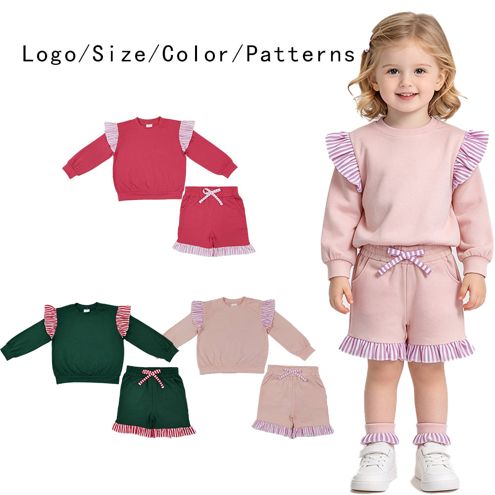 RTS NO MOQ Sibling cotton Baby Girls Solid Long Sleeve Top Striped Ruffle Hem Shorts Drawstring Waist Outfit