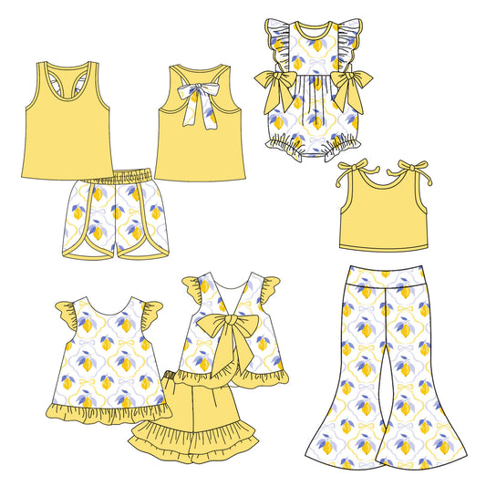 25.10.18 custom each style moq 5 eta 6-8week Sibling Sisters bow lemon baby girl short sleeve shorts sets 1 and sets 2 and pants sets and rompers match family design