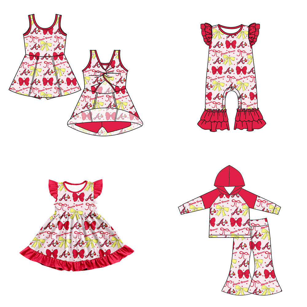 Custom moq 5 mix size milk silk summer teams baby girls clothes team bow red long sleeve hooded pants sets and dress 1 and dress 2 and romper-25.6.16