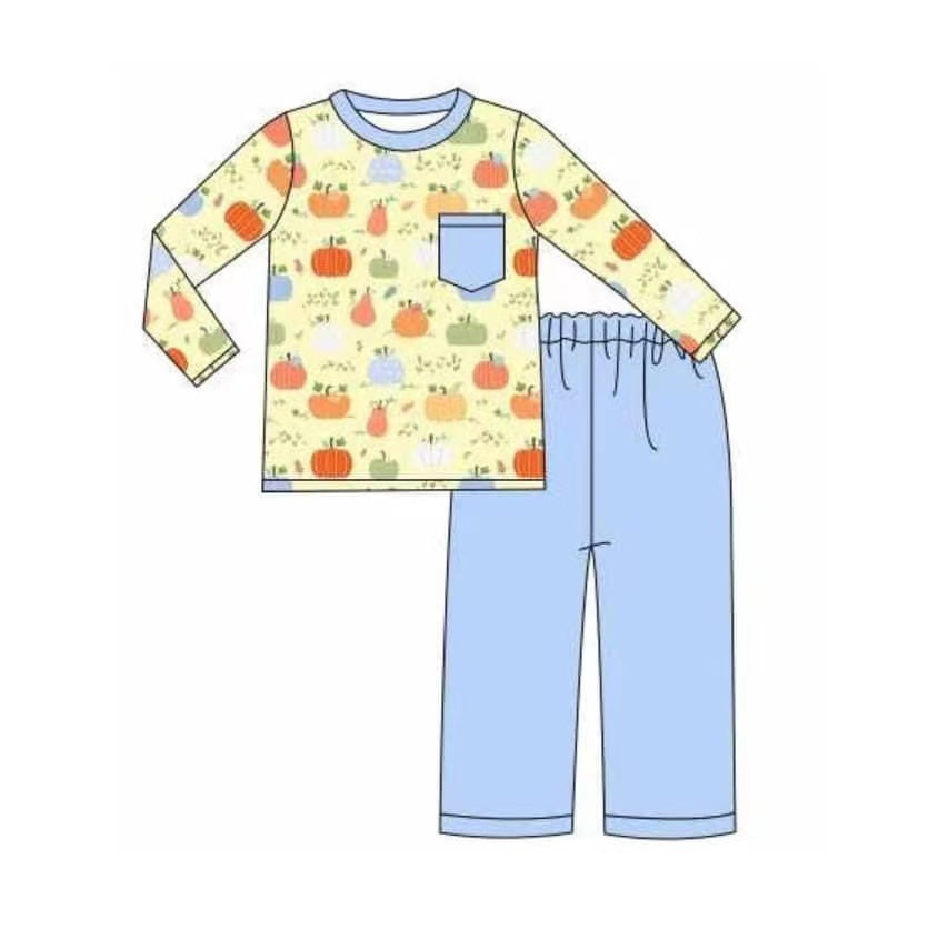 5.18custom each style moq 5eta 4-5week Sibling Sister pumpkin print yellow girls and boys outfits and baby romper and dress match family design