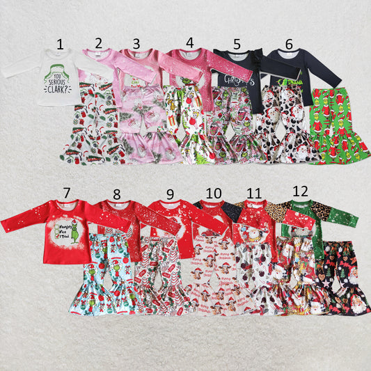 RTS NO MOQ Sibling milk silk Baby Girls Long Sleeve Top Bell Bottom Pants Clothes Set