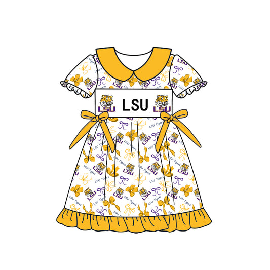Custom moq 5 mix size milk silk summer teams Baby Girls Yellow Peter Pan Collar Knee Length Casual Dress