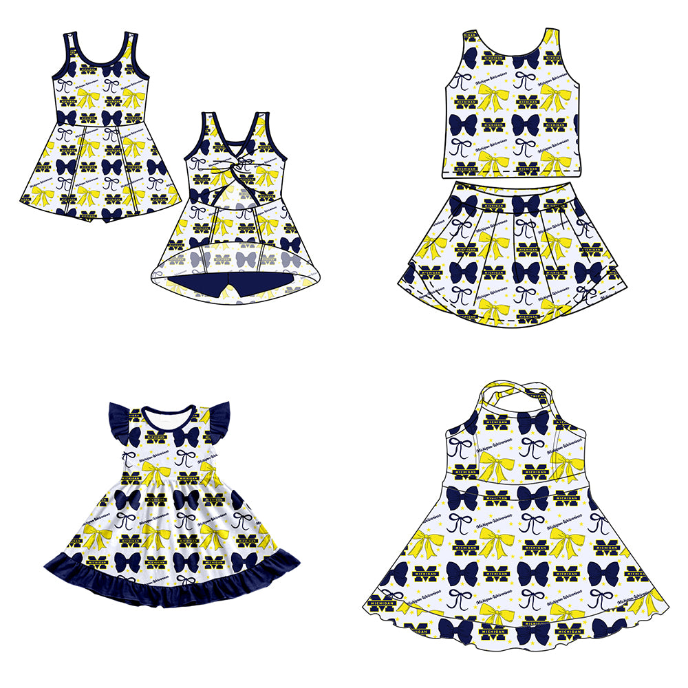 Custom moq 5 mix size milk silk summer teams baby girls clothes team bow blue sleeveless skirts sets and dress 1 and dress 2 and dress 3-25.6.26