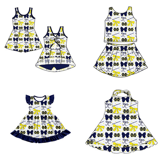 Custom moq 5 mix size milk silk summer teams baby girls clothes team bow blue sleeveless skirts sets and dress 1 and dress 2 and dress 3-25.6.26
