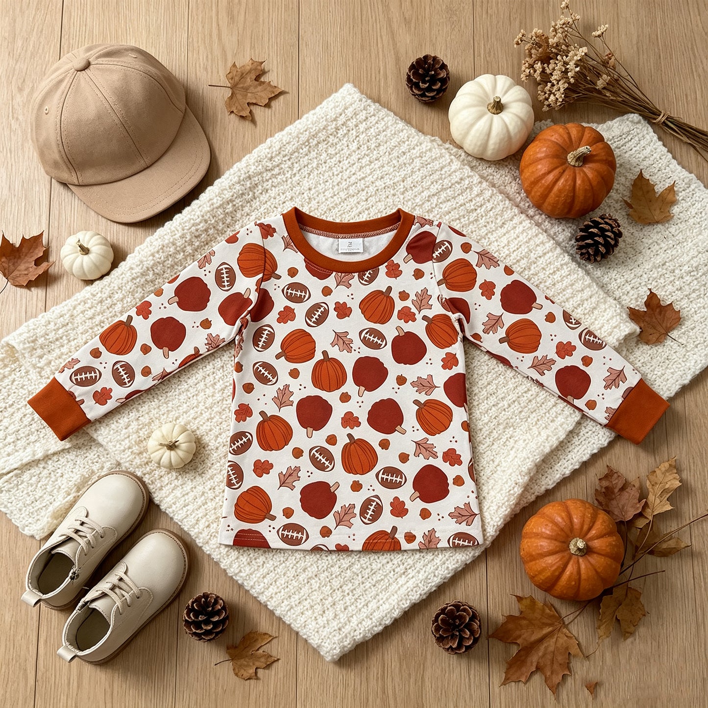 NEW RTS NO MOQ milk silk BT1928 Baby Boys Long Sleeve Footballs Pumpkins Leaves Print T Shirts Autumn Top
