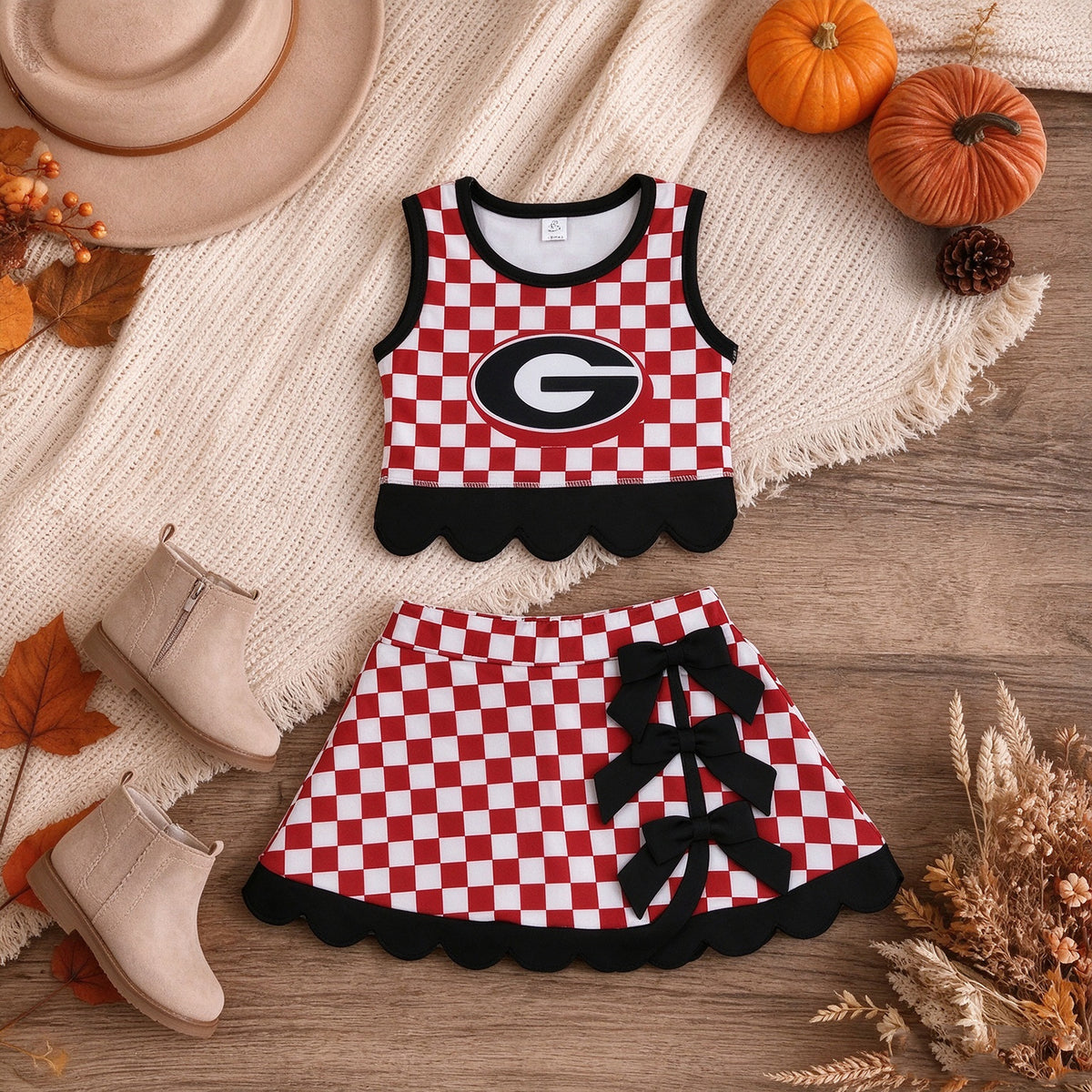 NEW RTS NO MOQq yoga fabric GSD4287 Yoga Baby Girls Checked Top Bows Skirt Short Scallop Team Set