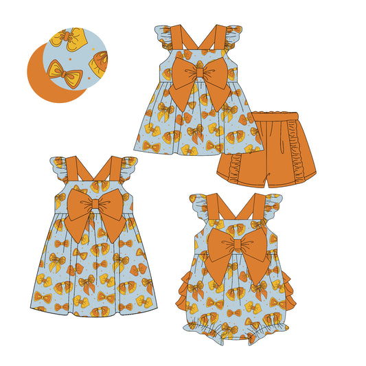 3.20 custom each style moq 5eta 4-6week Sibling Sisters bow baby girl short sleeve shorts sets and dress and rompers match family design