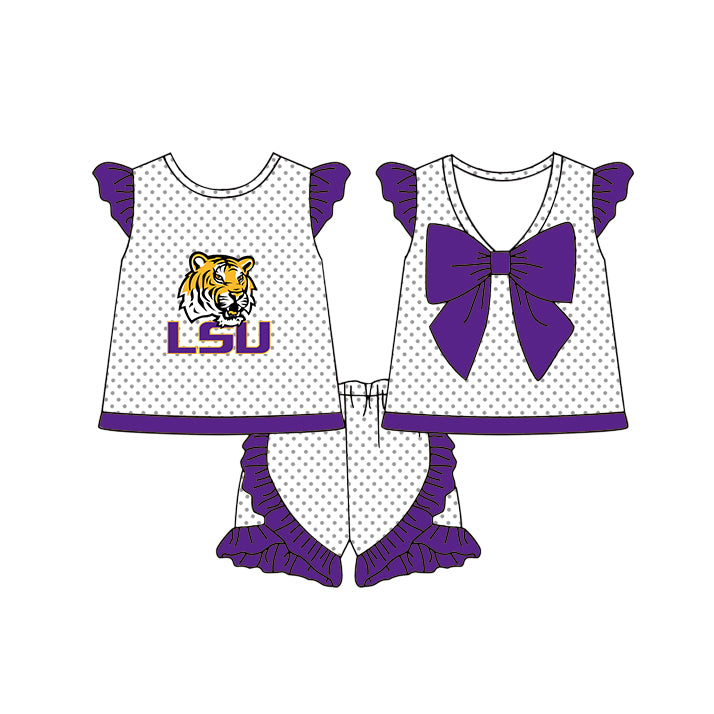 Custom moq 5 mix size milk silk summer teams Baby Girls Purple and White Polka Dot Flutter Sleeve Top with Bow Back and Ruffle Shorts Cheerleader Team Clothing Set