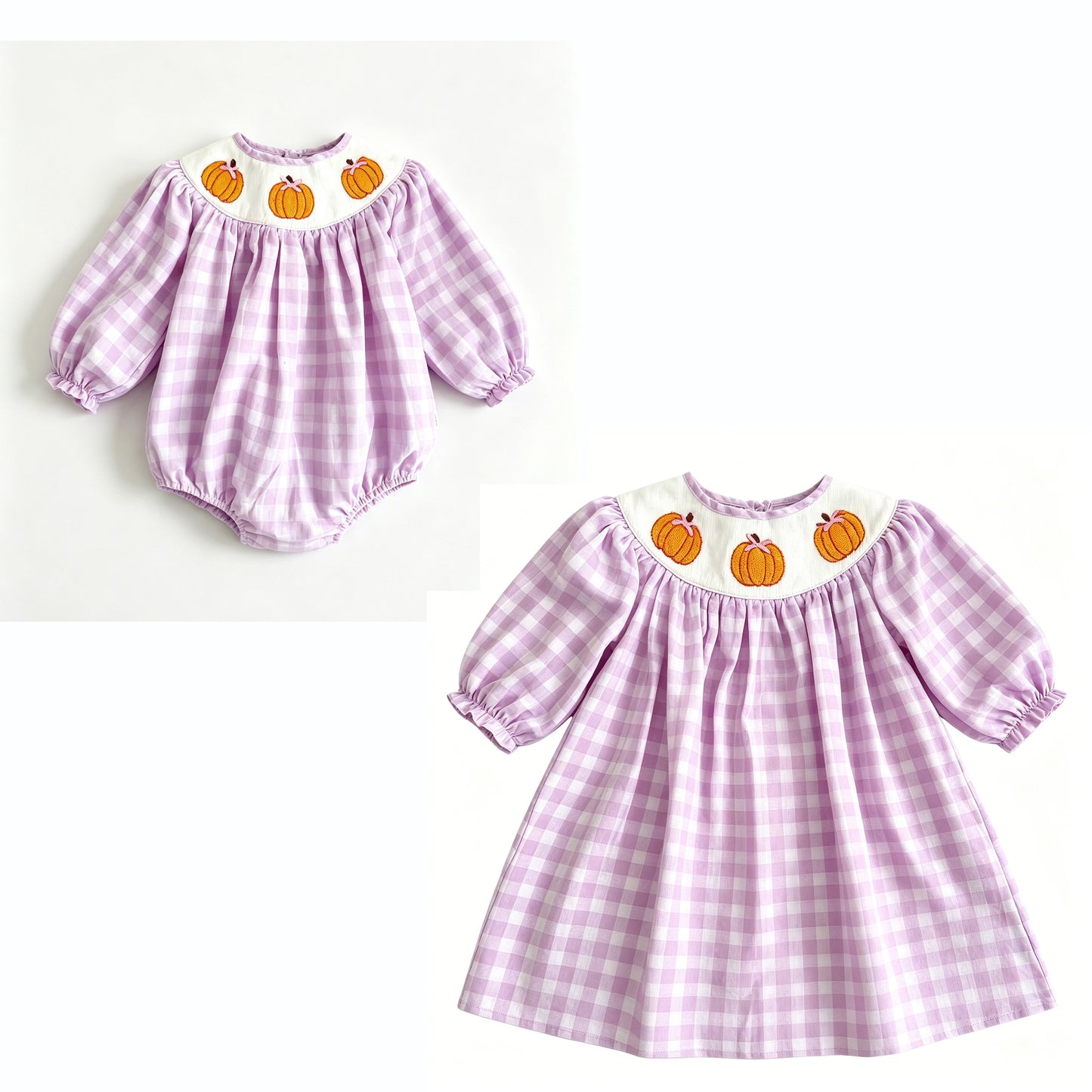 (Preorder new) No moq Baby Girls Pink Plaid Pumpkin Knee Length Dress Ruffle Long Sleeve Rompers