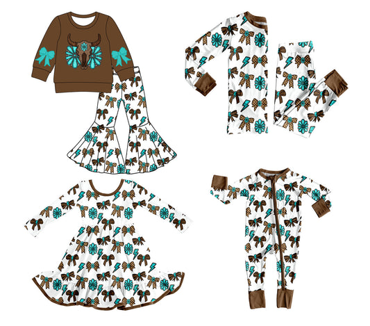 25.8.21 custom each style moq 5 eta 4-6week Sibling Sisters cow head bow baby girl long sleeve pants sets 1 and sets 2 and romper and dress match family design