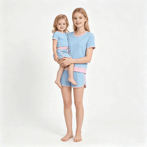 RTS NO MOQ Sibling  Mom And Me Pink  Short Sleeve Top Skirt Shorts for Summer Casual Wear Cotton Clothes Set
