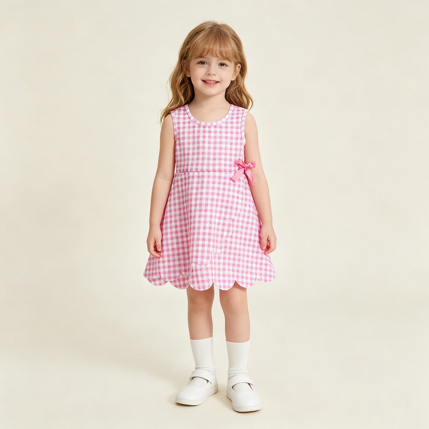 RTS NO MOQ yoga fabric GSD3779 Baby Girls Pink Checked Yoga Active Scallop Knee Length Dresses