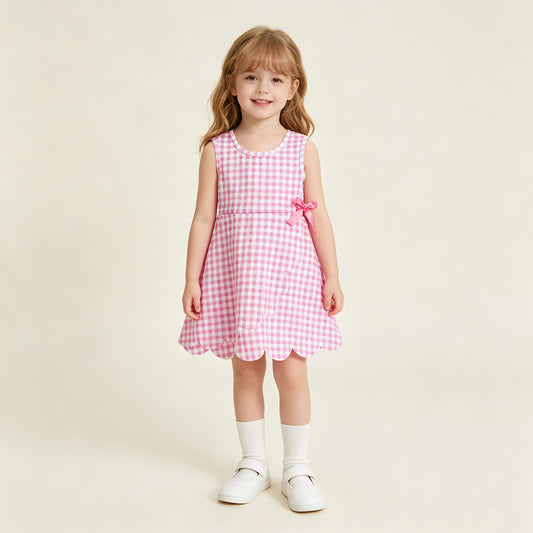 RTS NO MOQ yoga fabric GSD3779 Baby Girls Pink Checked Yoga Active Scallop Knee Length Dresses