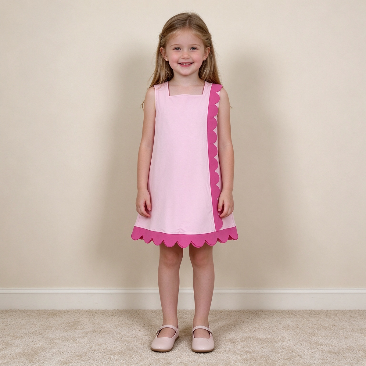 NEW RTS NO MOQ yoga fabric cotton GSD4240 Baby Girls Pink Sleeveless Yoga Active Scallop Knee Length Dresses