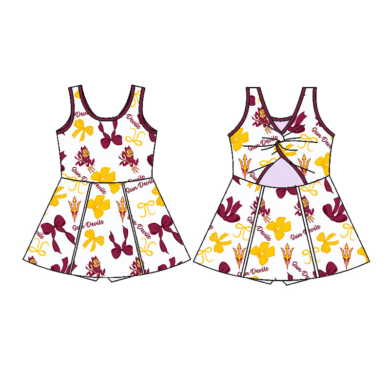 Custom moq 5 mix sizes summer teams baby girls clothes team brick red short sleeve skirts shorts sets dress 1 and dress 2 and dress 3 and dress 4-25.5.24