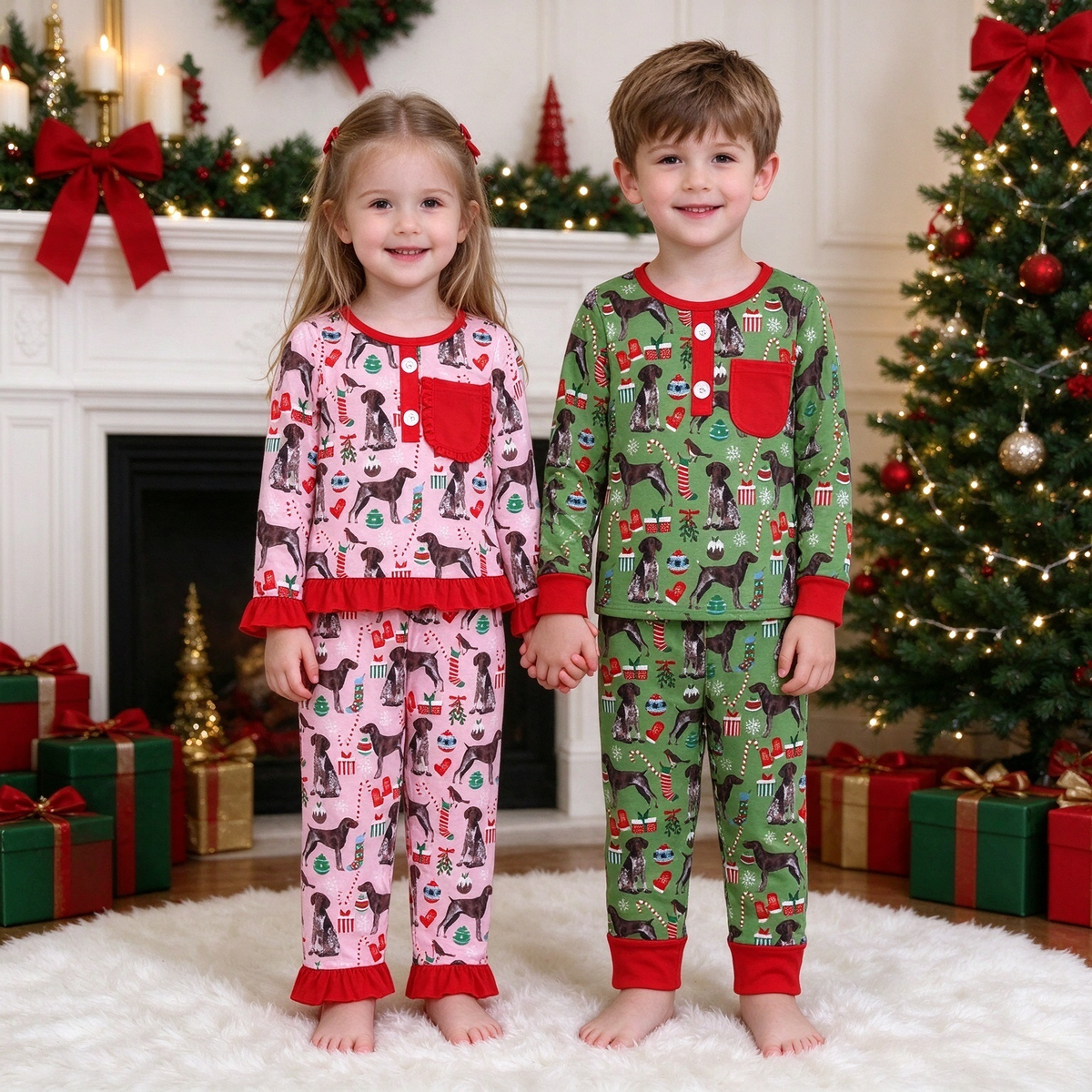 Baby Kids Christmas Dog Collection - Pink Ruffle PJ Set & Green Ribbed PJ Set