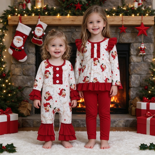 RTS NO MOQ Sibling milk silk Baby Girls Christmas Santa Stars Red Ruffle Set Romper